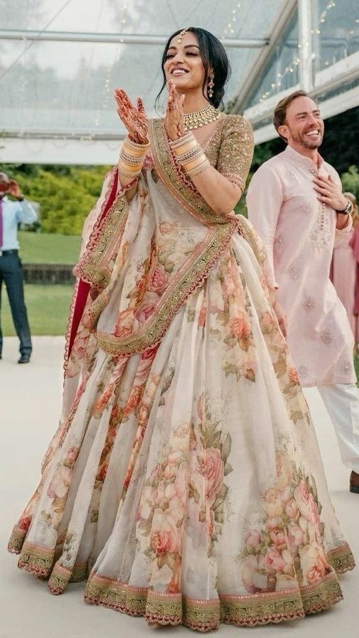 Cream Sabyasachi Lehenga Choli, Floral Designer Lehenga Digital Printed ...