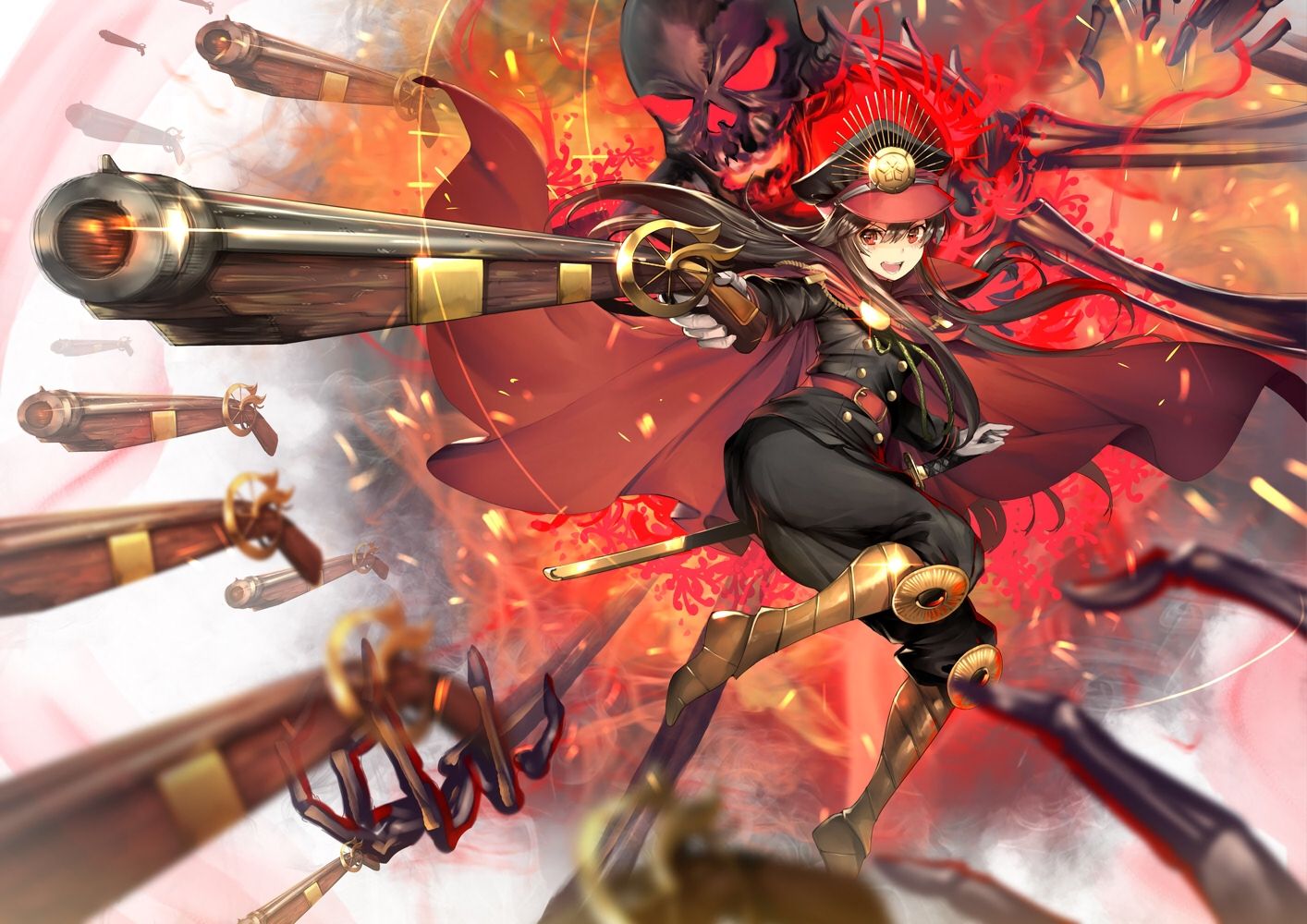 black_hair boots cape fate/grand_order fate_(series) gun hat headdress ...