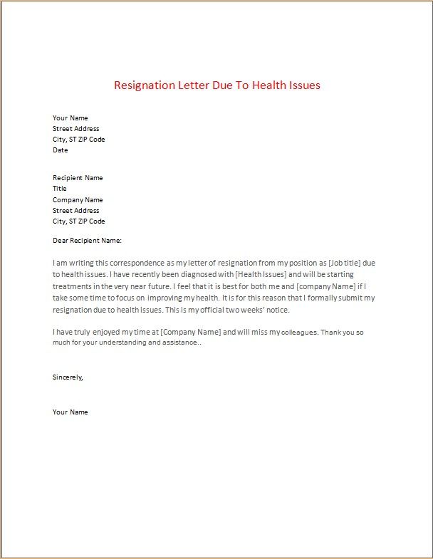 Resignation Letter Due To Health Issues | Resignation letter ...