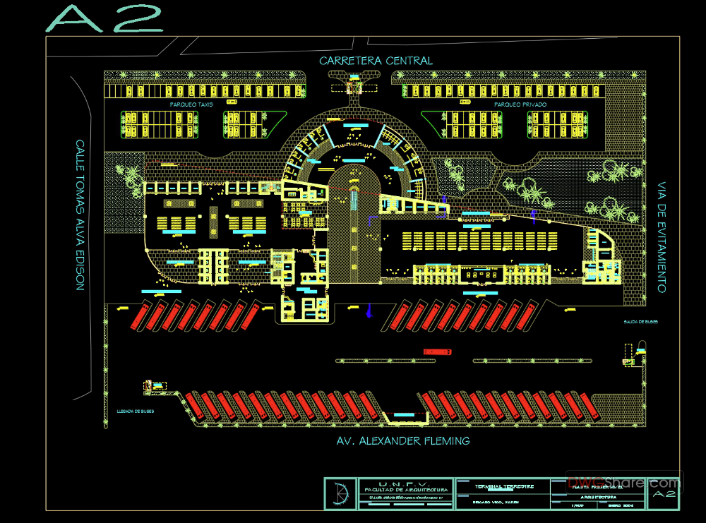 Bus Terminal Terrestrial Plan With All Details Autocad File Dwg 