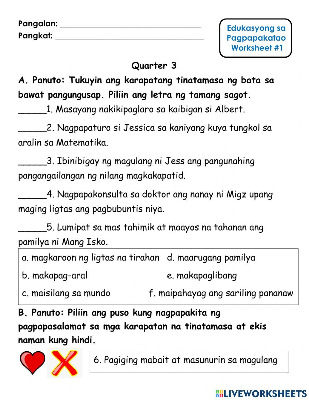 ESP - Pasasalamat sa Karapatan worksheet | 2nd grade worksheets ...