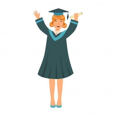 Graduating student girl in an academic gown raising her hands up ...