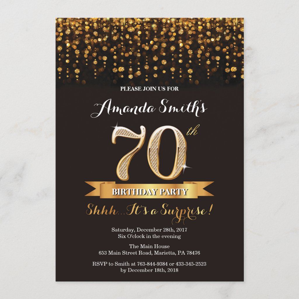 Surprise 70th Birthday Invitation Black and Gold | Zazzle.com in 2021 ...