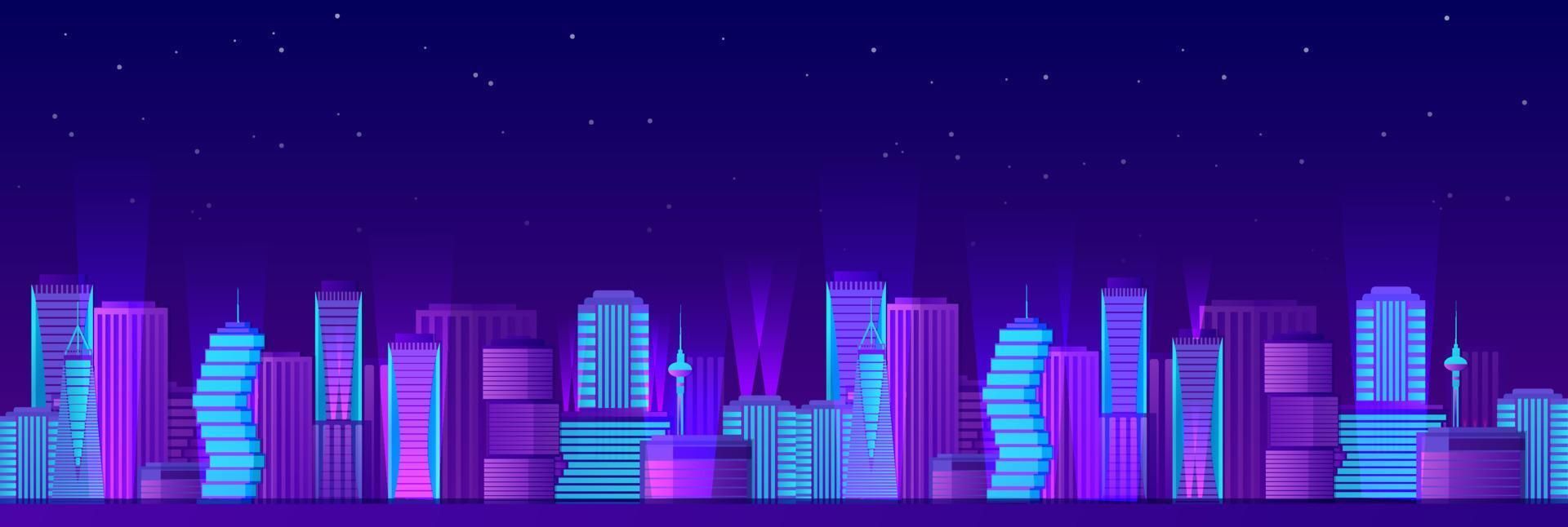 Urban Neon Night Landscape with Bright Purple Skyscrapers