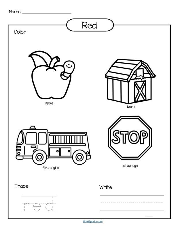 Color red printable color, trace and write. Teaching colors