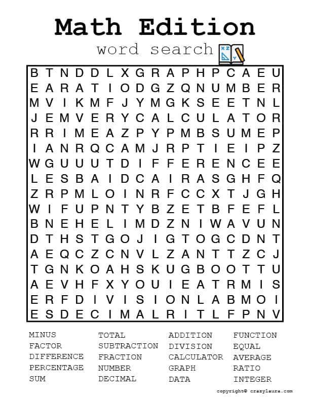 Math Words Word Search Printable