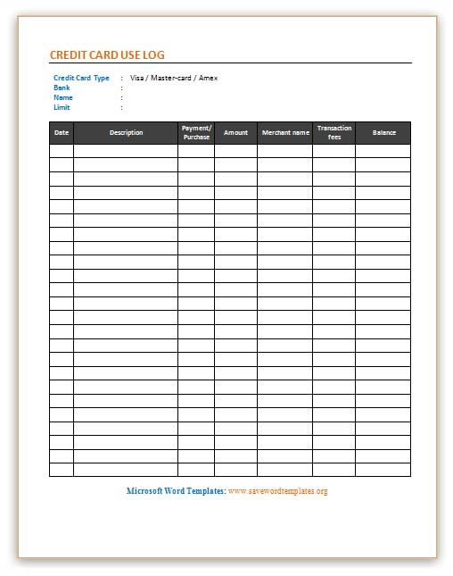 Printable Credit Card Log Template