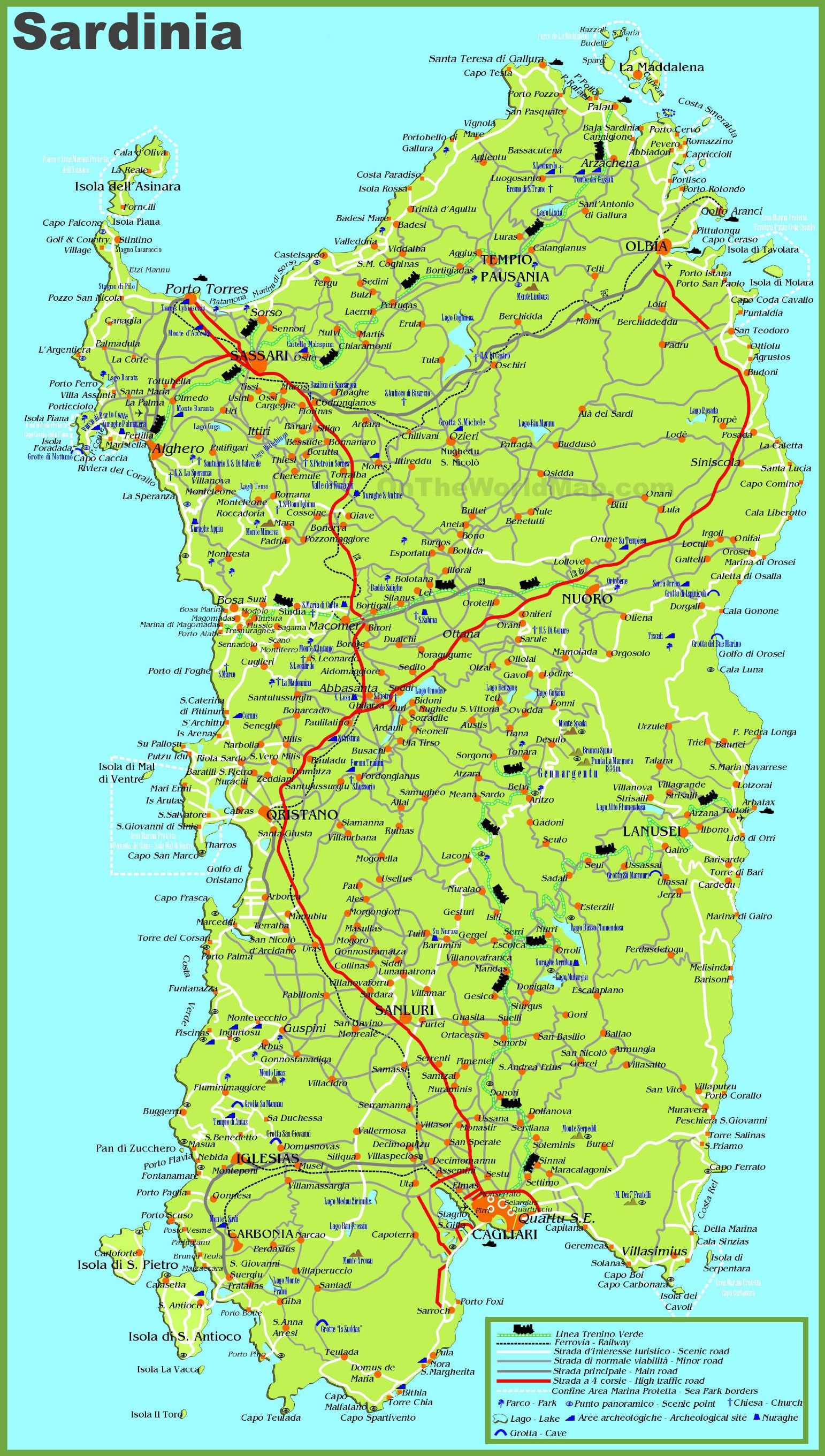 Large detailed map of Sardinia with cities, towns and roads | Sardinia ...