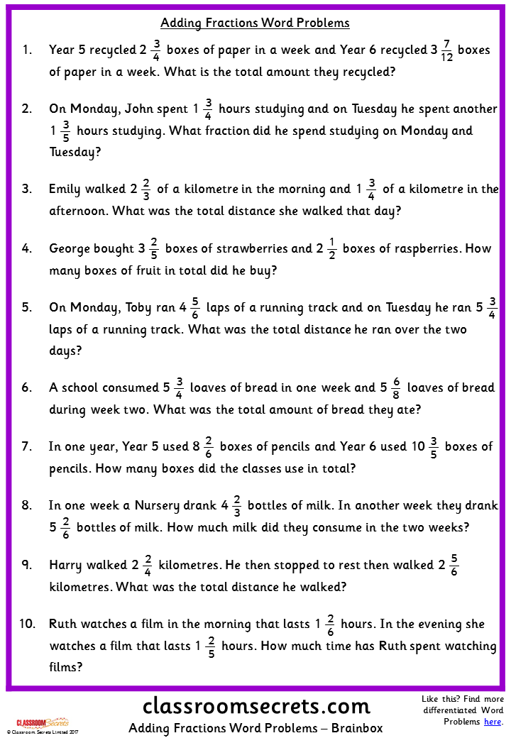 Adding Fractions Word Problems Worksheet - Printable Word Searches