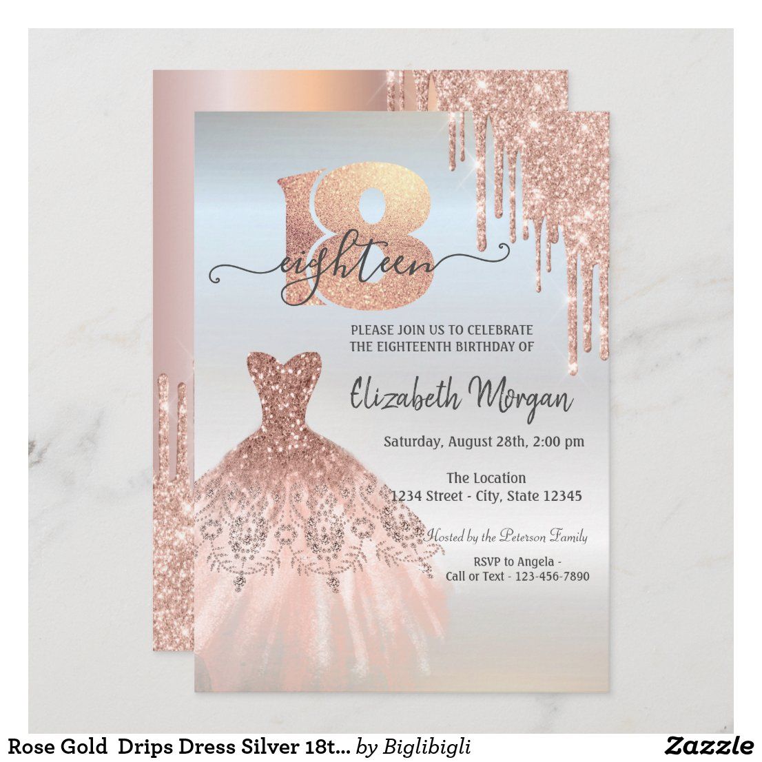 Rose Gold Drips Dress Silver 18th Birthday Invitation | Zazzle | Gold ...