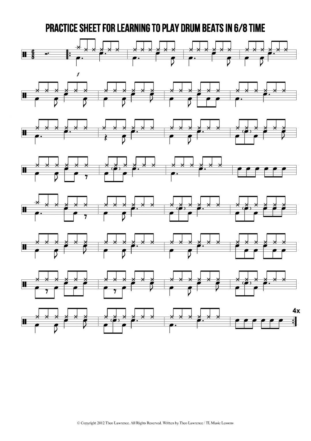 Practice sheet for learning to play drum beats in 6/8 time - Learn ...