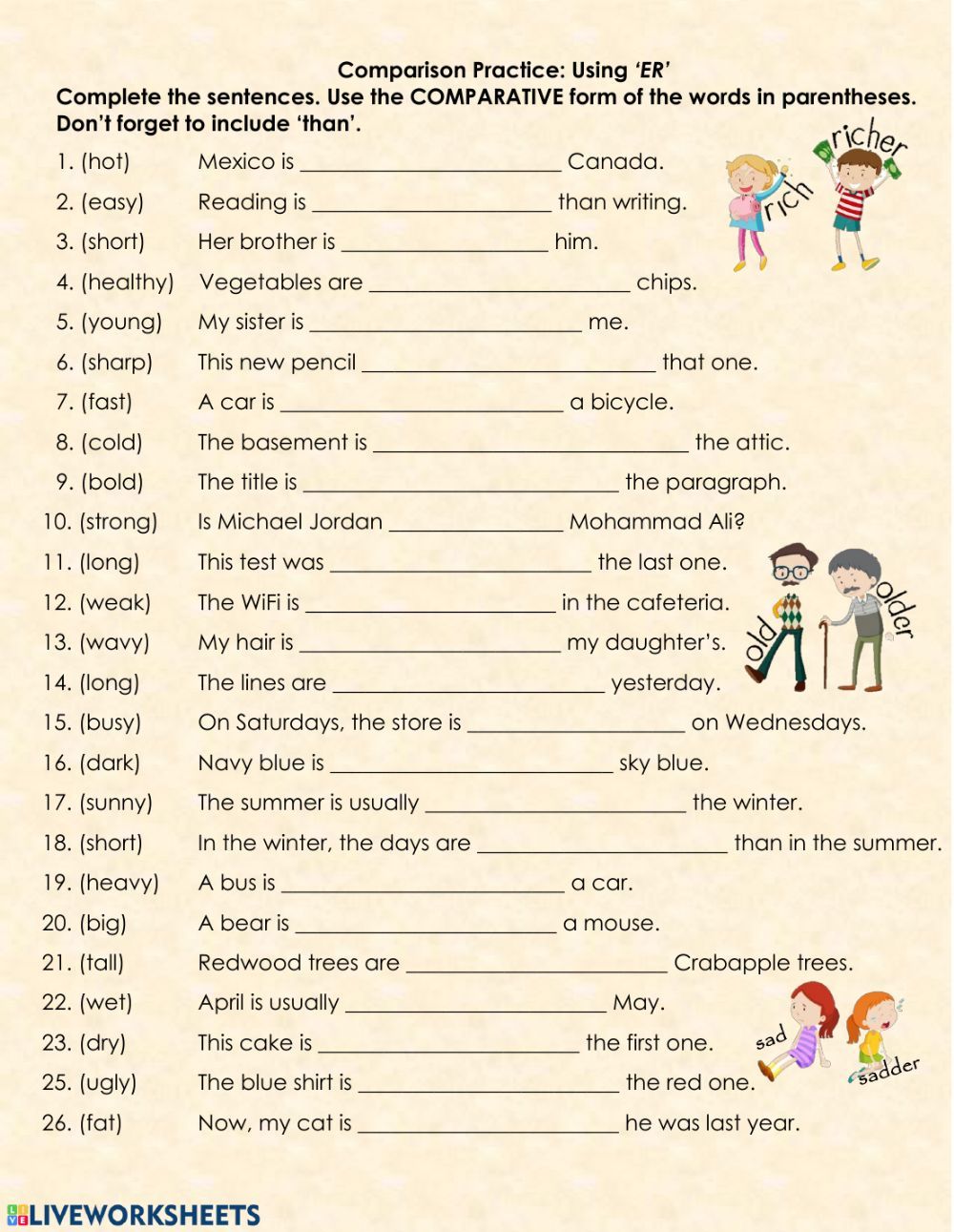 Grammar: Comparatives ('er' only) worksheet | English lessons, English ...