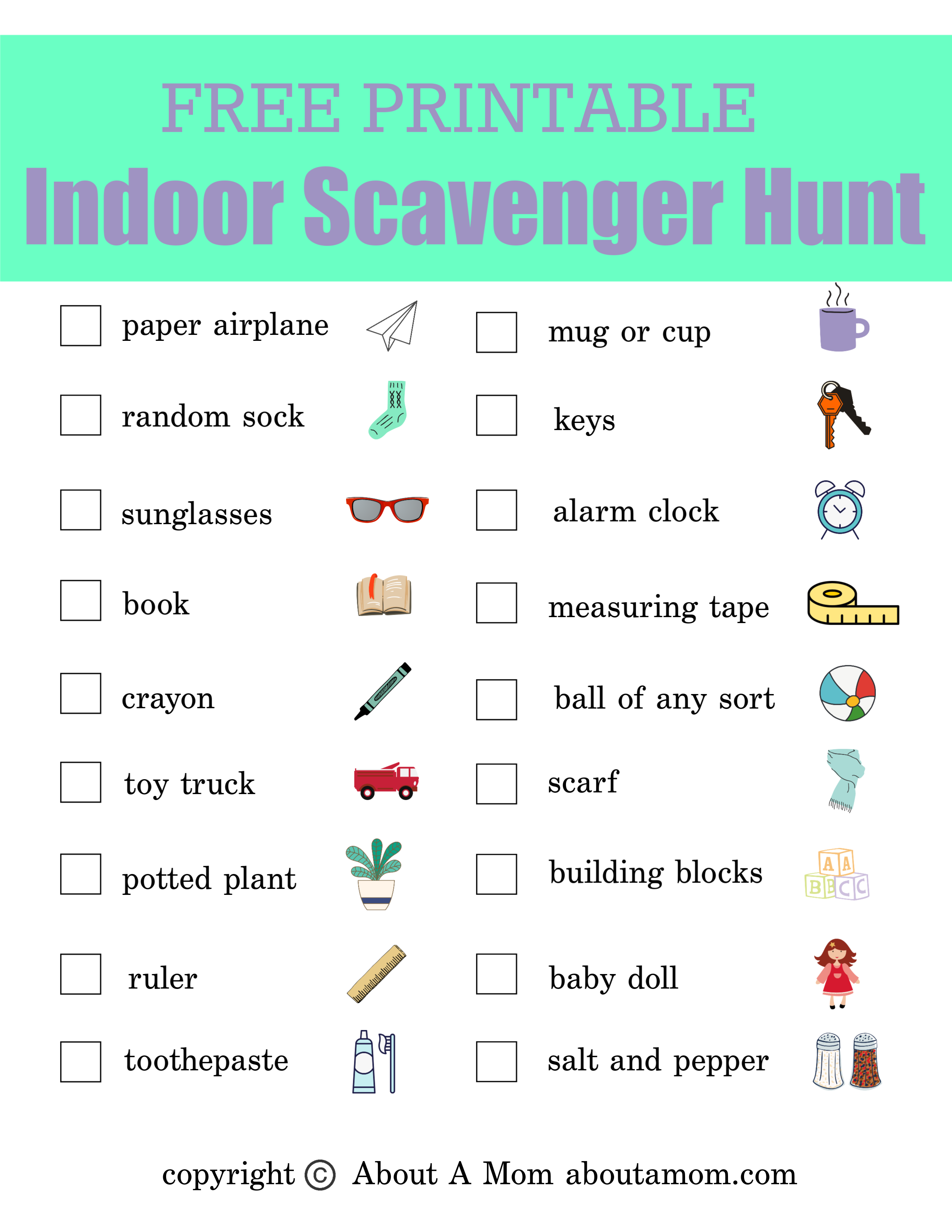 Free Printable Indoor Scavenger Hunt Printable - About a Mom