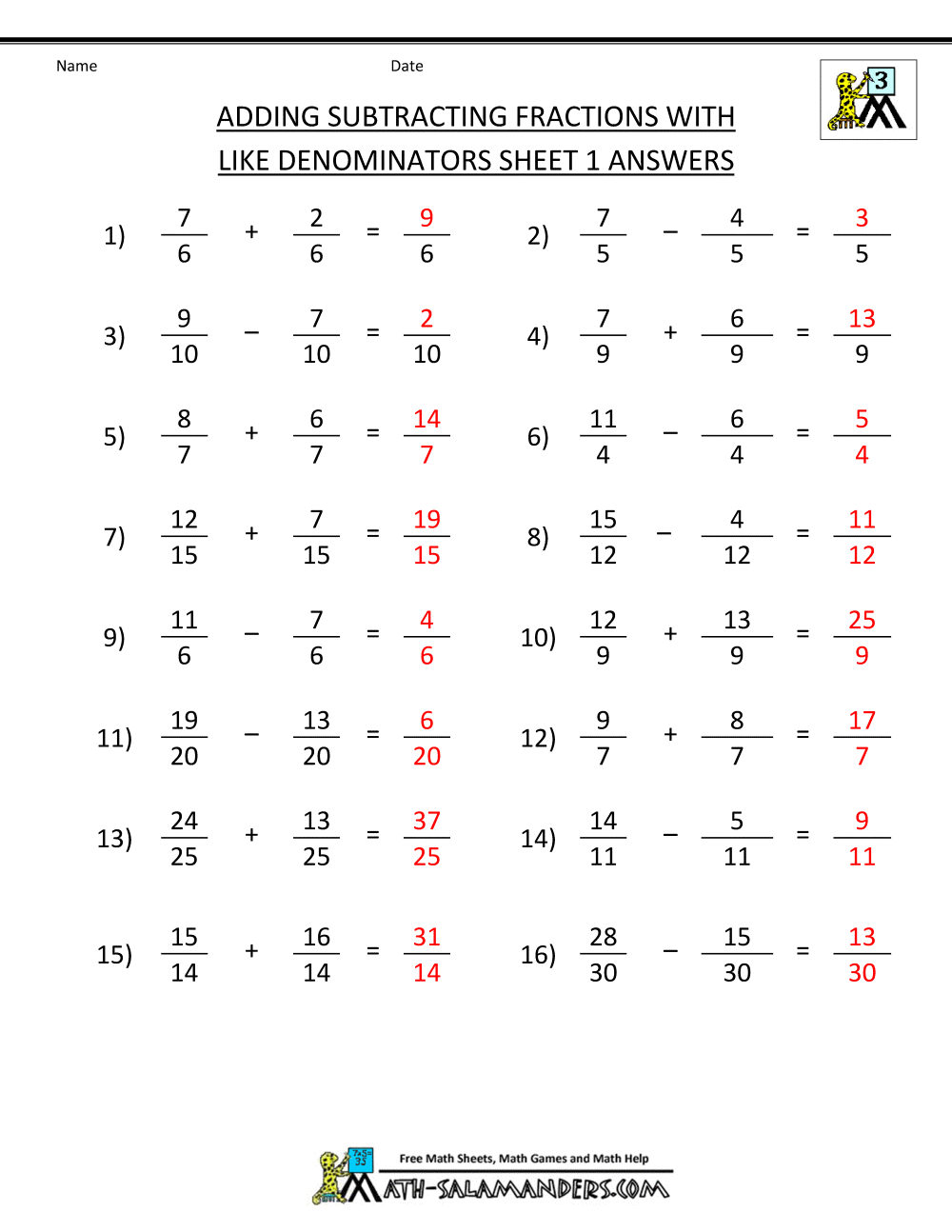 Adding Fractions Worksheets With Answers