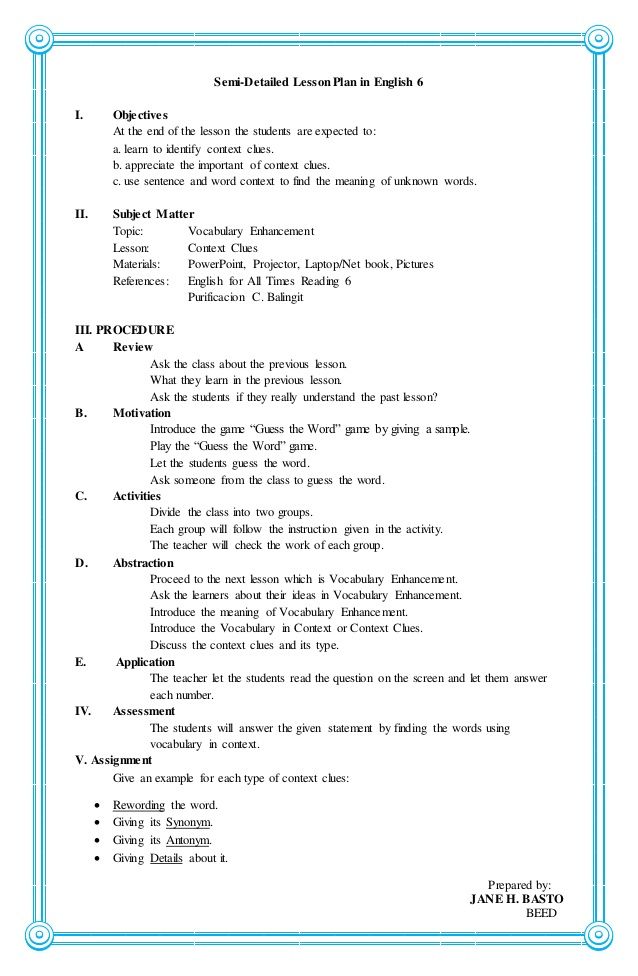 Detailed Lesson Plan In English Template