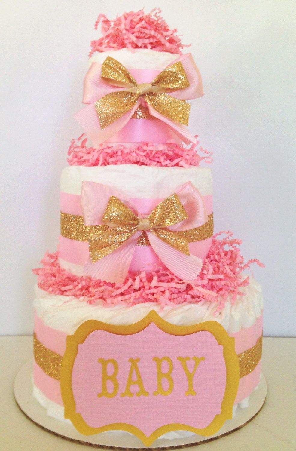 Modern Baby Girl Gold and Pink Diaper Cake, Baby Shower Centerpiece ...