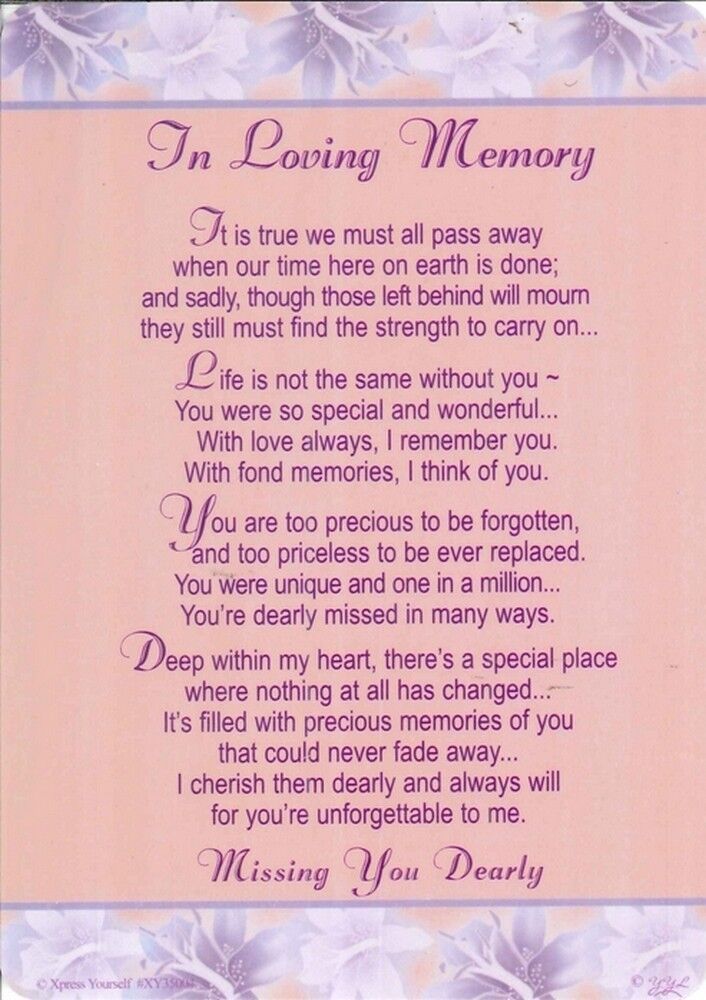 Graveside Card IN LOVING MEMORY Missing You Dearly Poem Grave Memorial ...