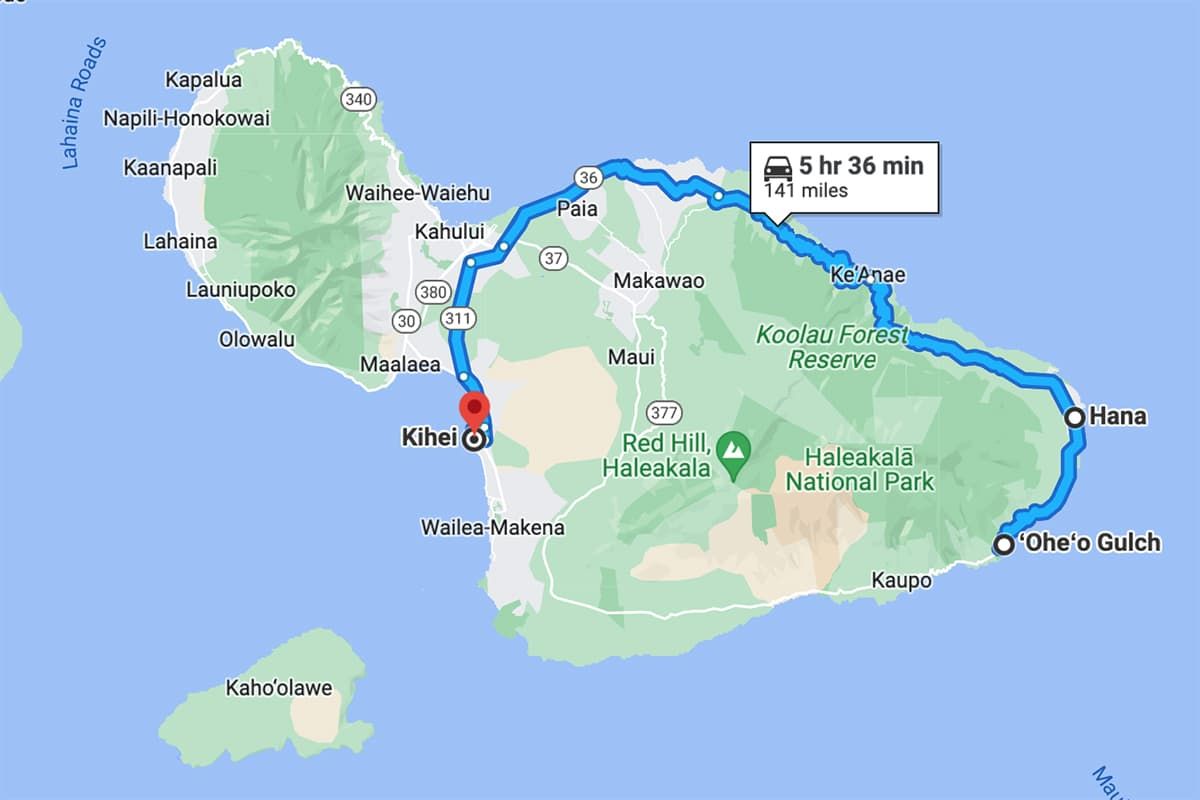 Map showing the return route for the Road to Hana itinerary | Road to ...