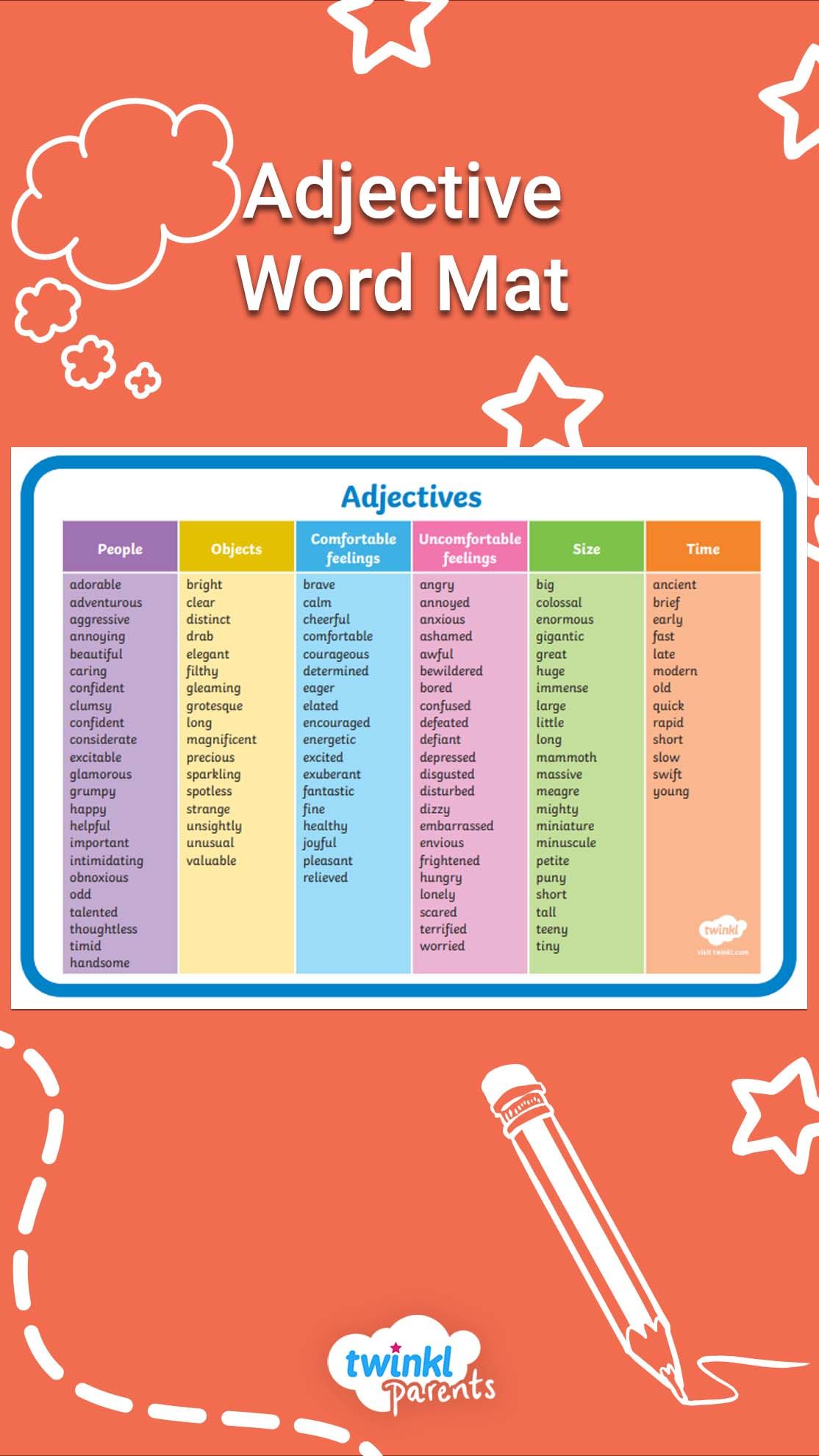 Adjective Word Mat | Adjective words, Adjectives, List of adjectives