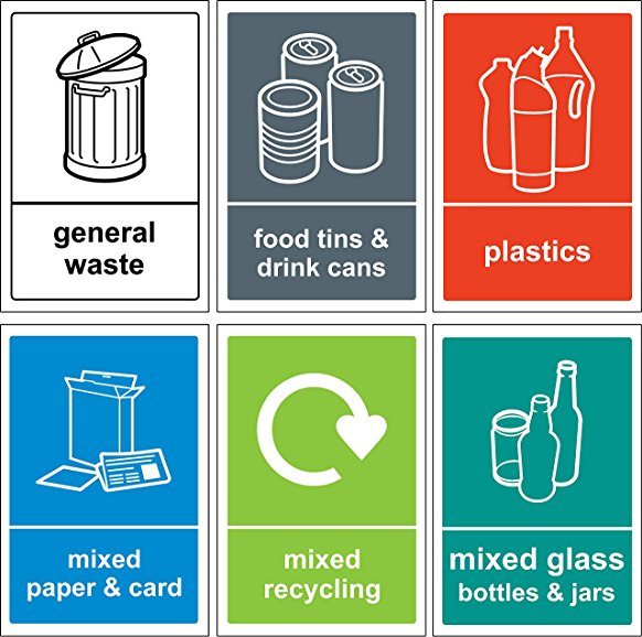 Recycling bin Sign/Sticker pack - Self adhesive vinyl Pack of 6 ...