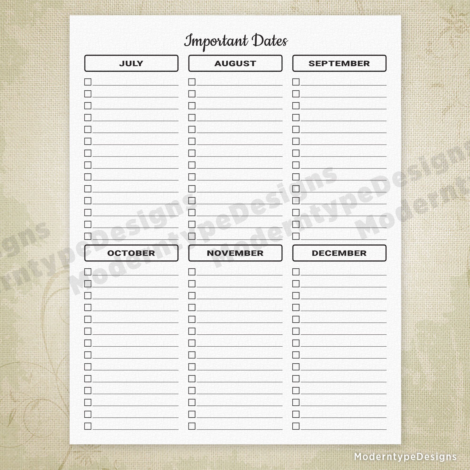 Important Dates Printable Digital Download Monthly Planner - Etsy ...