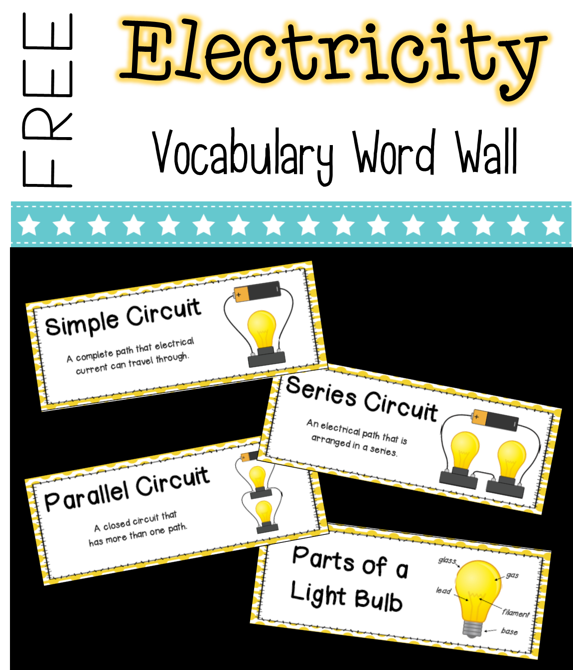 three electric word wall cards with light bulbs