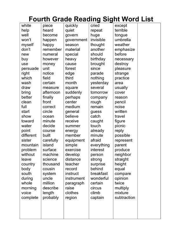 Instruction: This is a grade 4 sight words list, can be used as a good ...