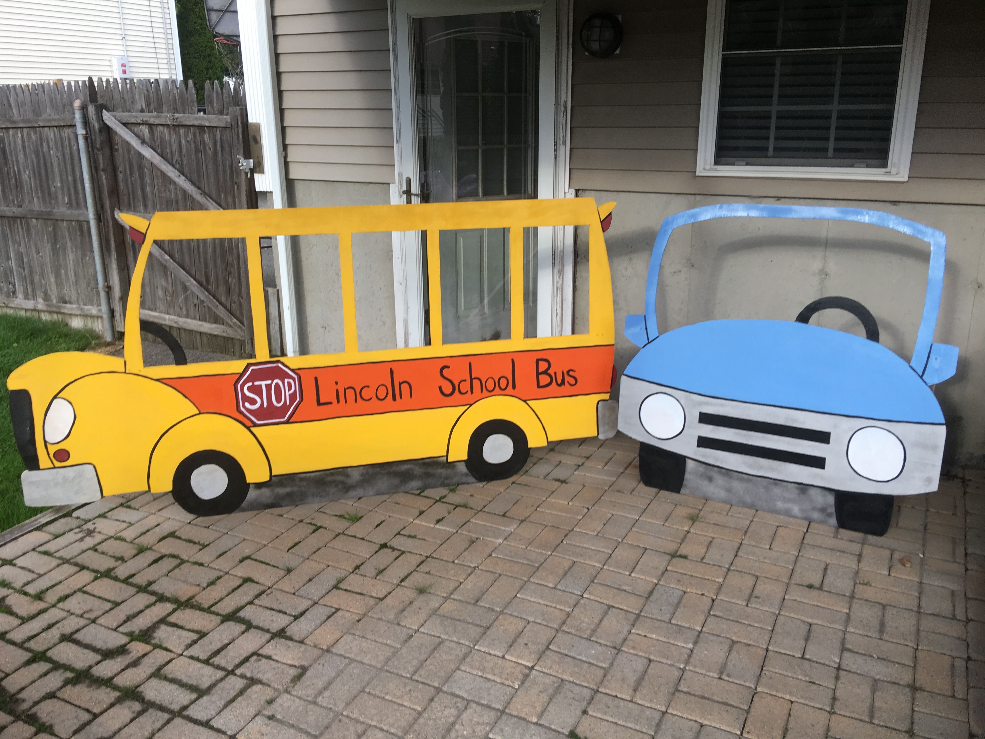 Unique Plywood Cutouts of School Bus and Car