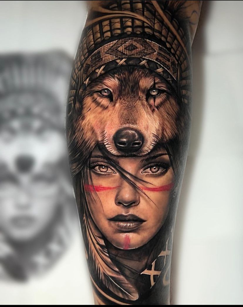 Native American Wolf Art Tattoo