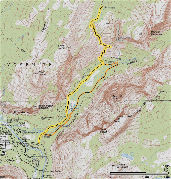 Yosemite National Park California Map of Snow Creek Trail, starting ...