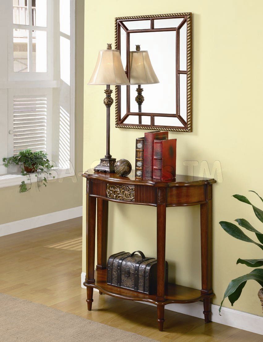 3 PC Traditional Console Table Set in Brown (Table, Mirror and Lamp