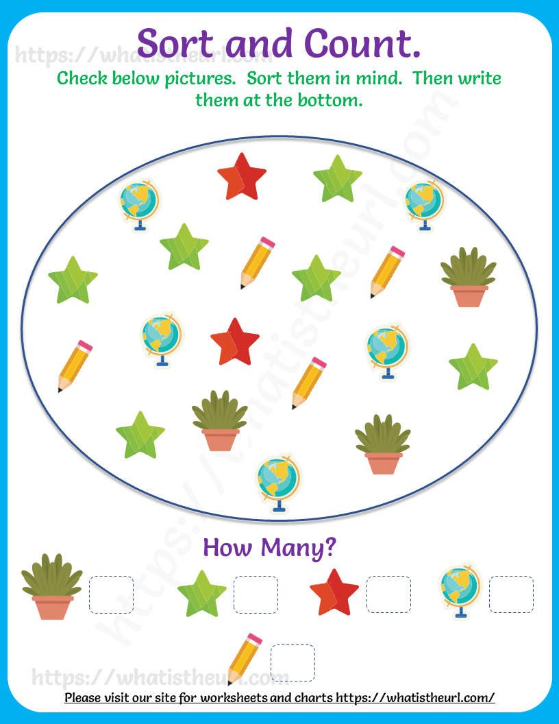 Learn to Sort, Count and Write Worksheet for Kids | Worksheets for kids ...