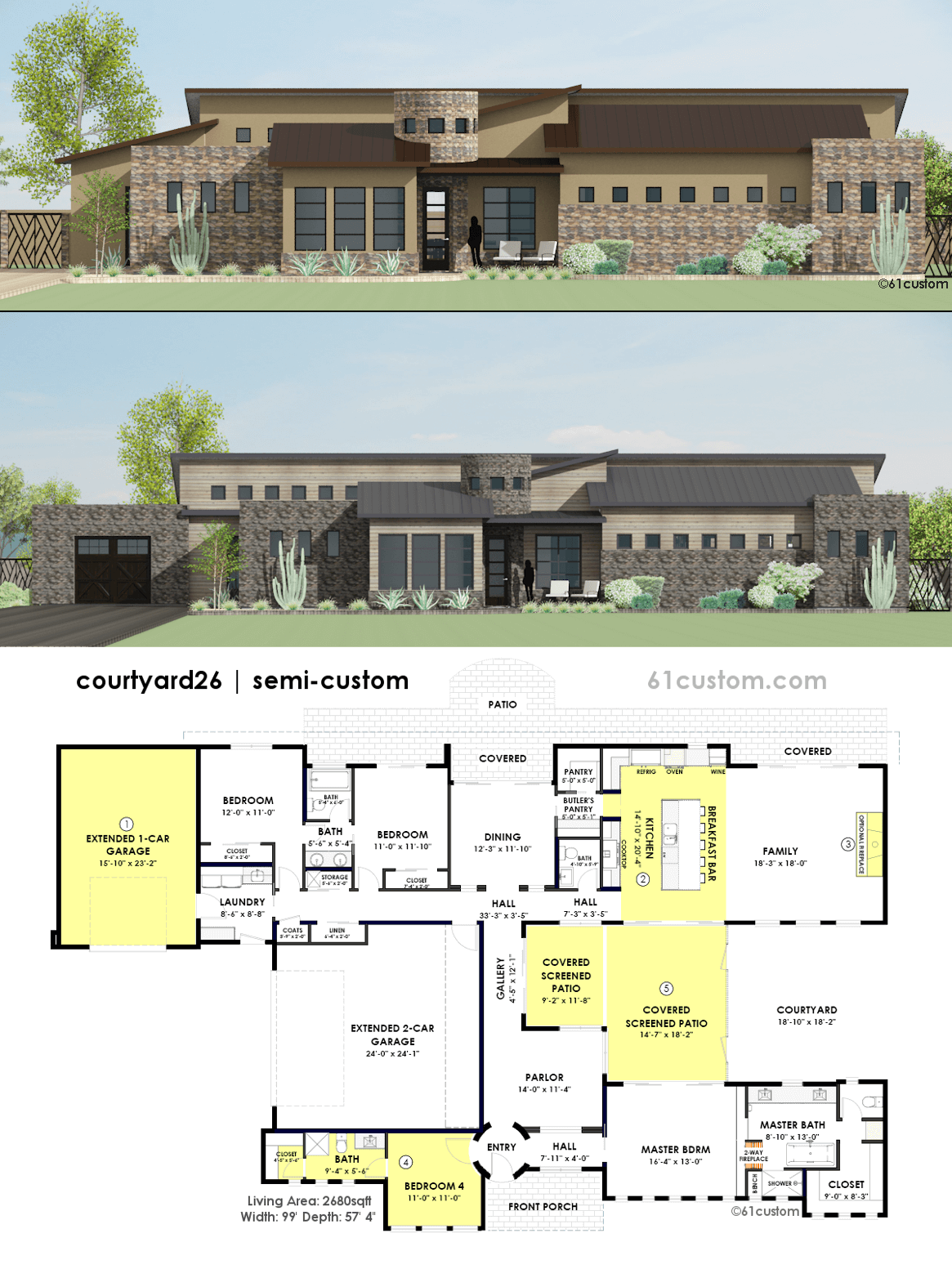 Contemporary house plan with 3 bedrooms a center 