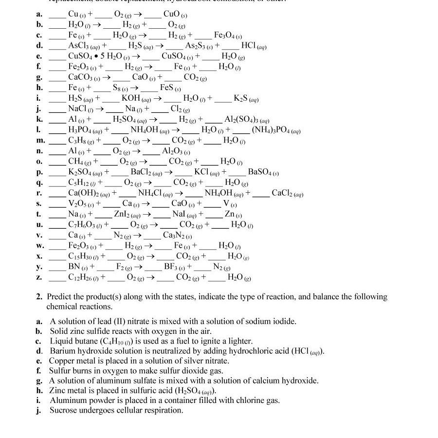 Worksheet Writing And Balancing Chemical Reactions Answers The ...