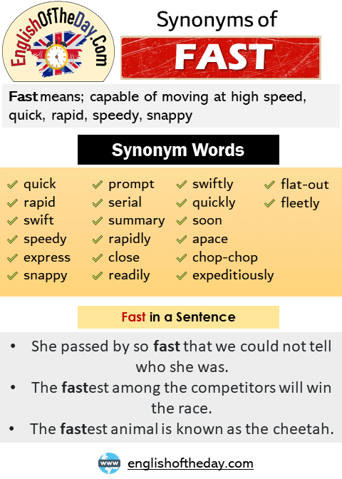 Another Word For Fast Synonyms Of Fast Quick Rapid Swift Speedy Express Snappy Prompt Serial Summary Rapidly Close Readil Synonym Words More Words