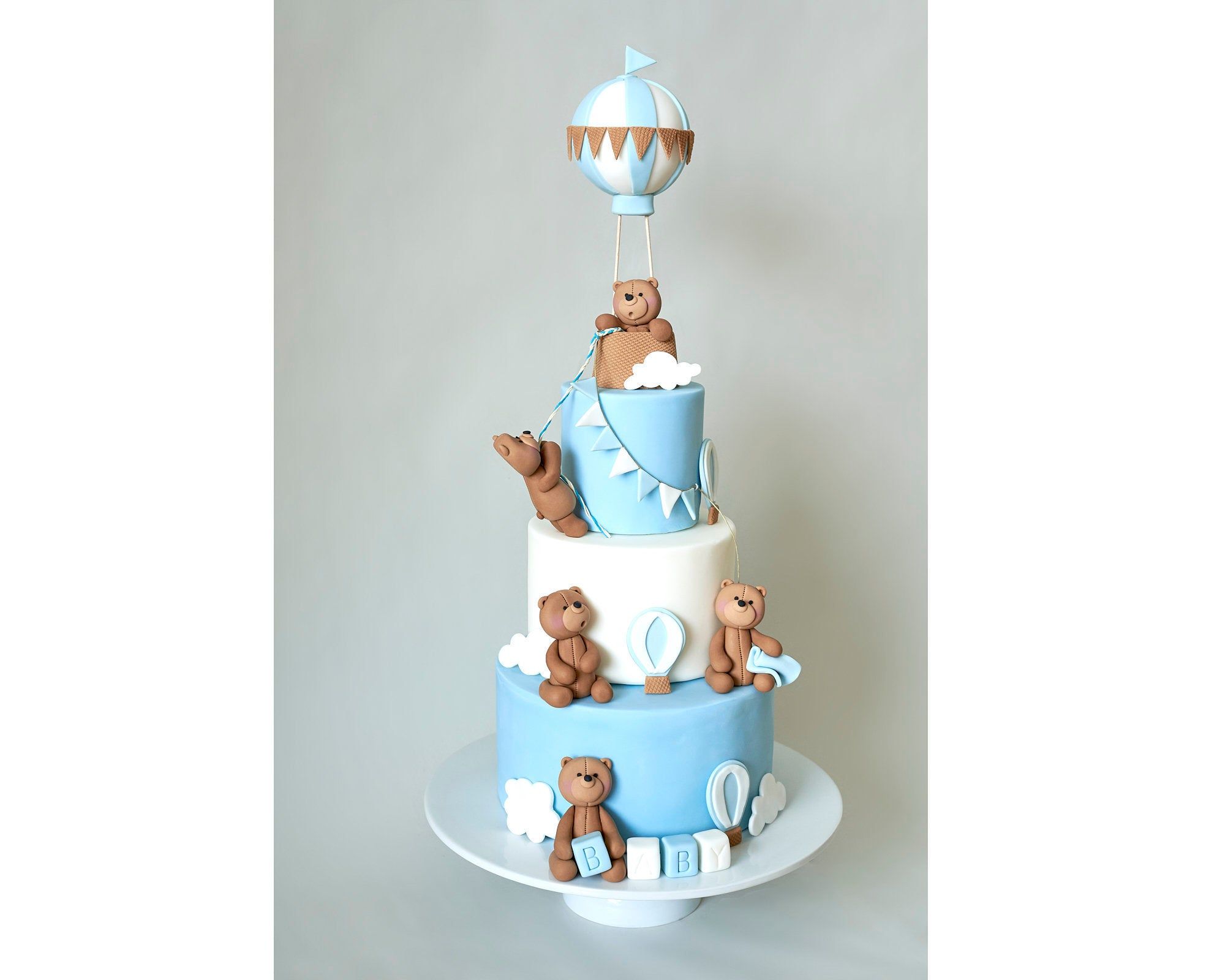 Cute Fondant 5 Teddy Bears Cake Topper Set, Hot Air Balloon, Block ...