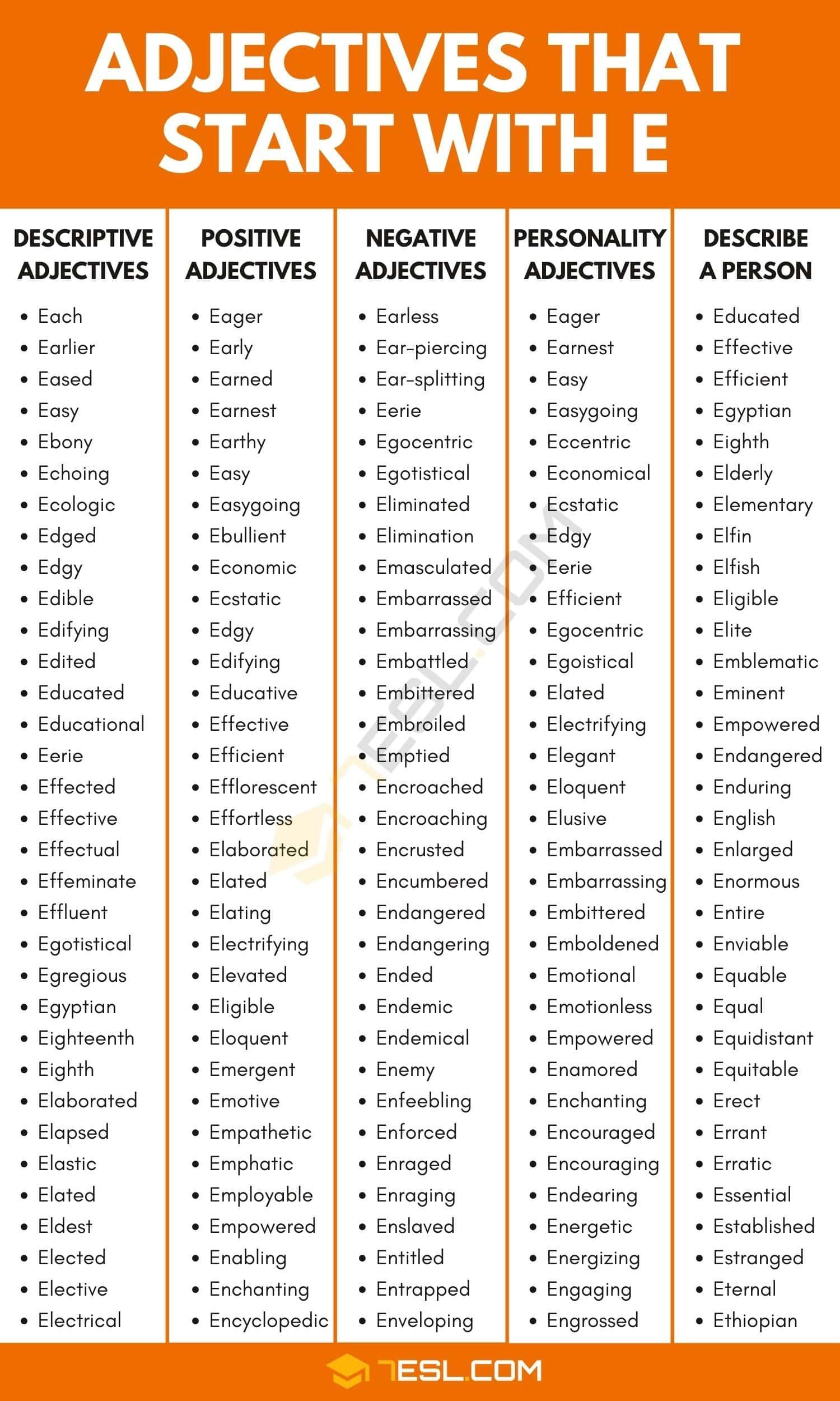 Adjectives that Start with E: 1000+ E Adjectives in English • 7ESL in ...