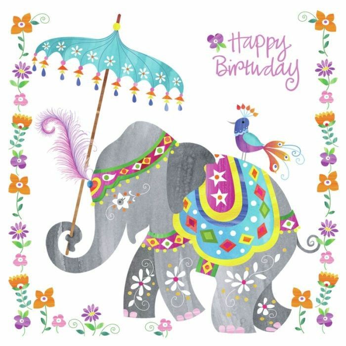 HAPPY BIRTHDAY card: Pretty grey Indian elephant with aqua parasol ...