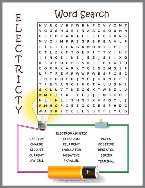 A word search puzzle featuring electricity vocabulary words. Students ...