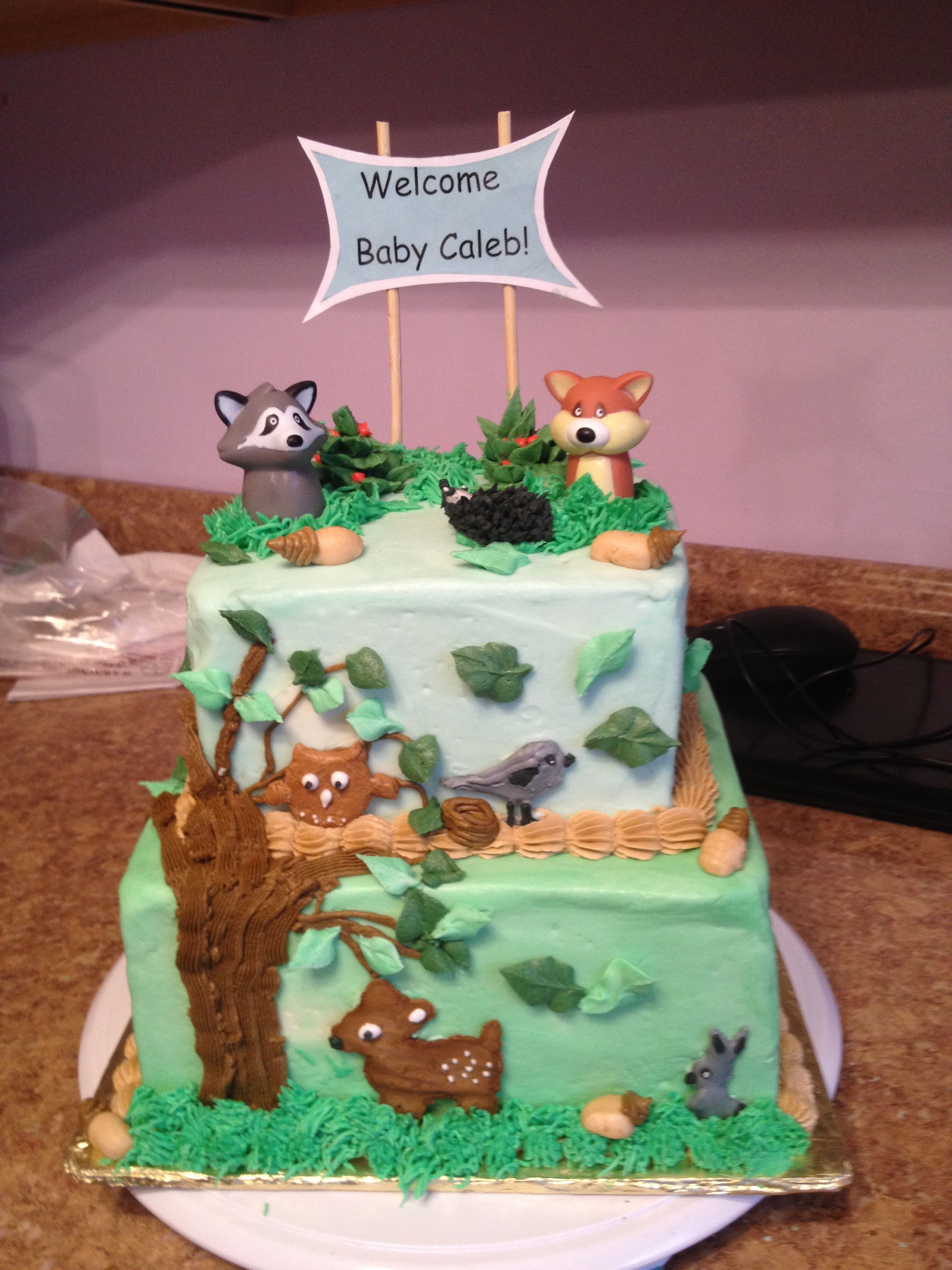 Woodland forest animals cake | Woodland baby shower food, Shower cakes ...