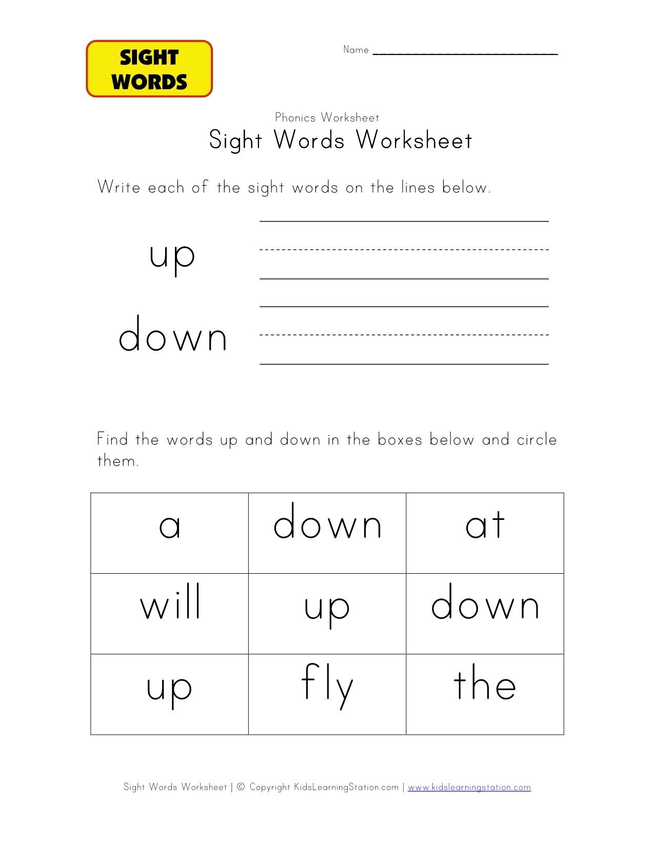 Down Sight Word Worksheet