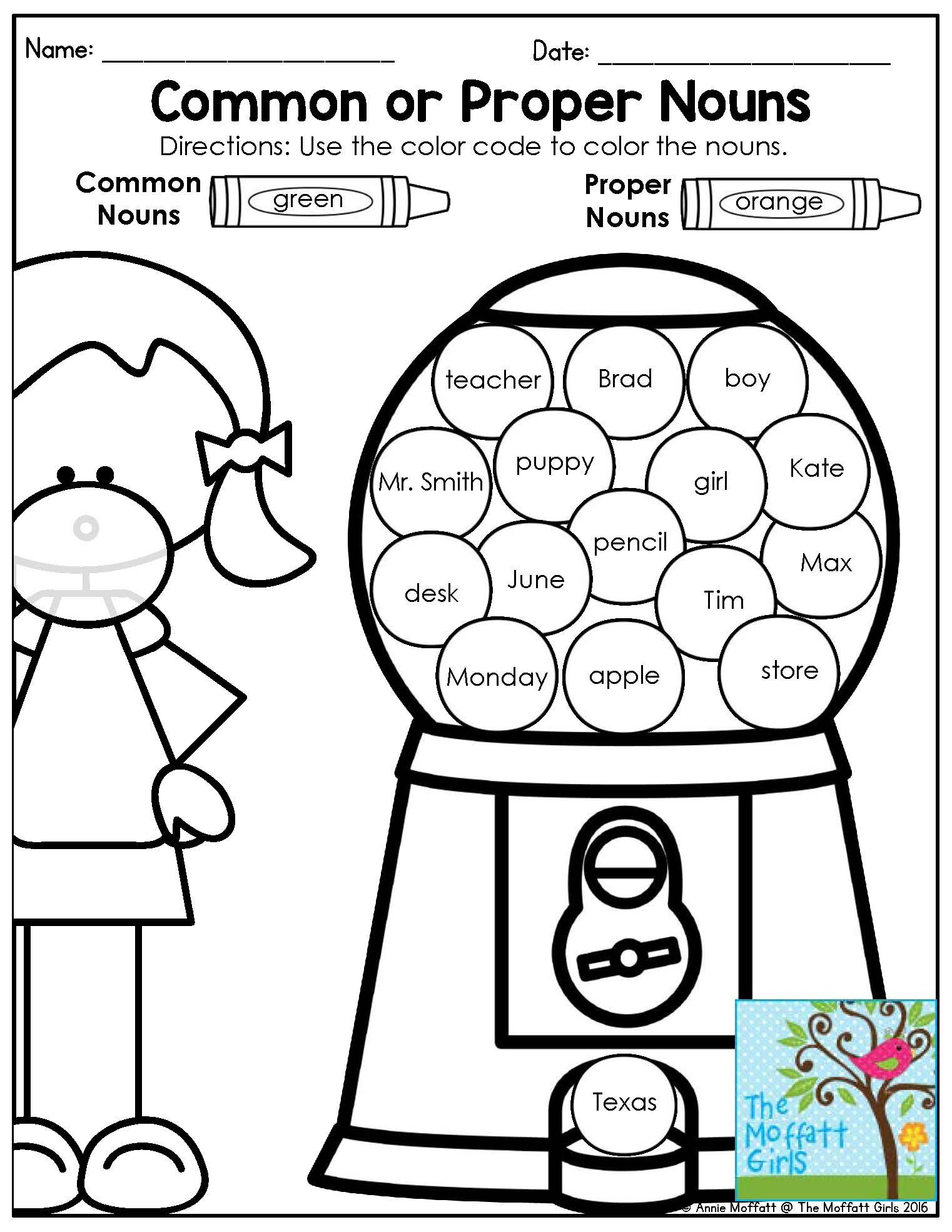 Identifying common and proper nouns. Fun grammar activity for 1st grade ...