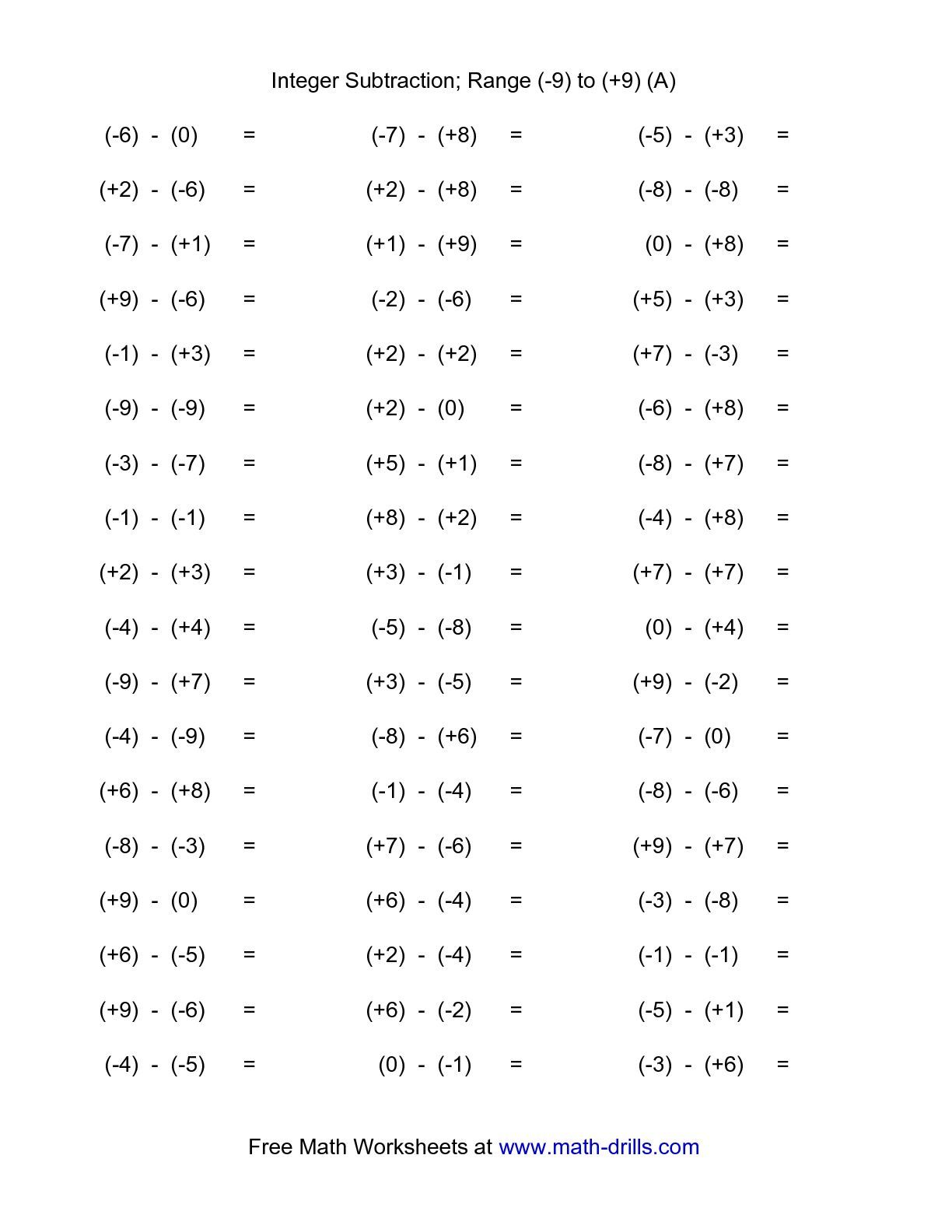 Adding And Subtracting Integer Worksheets