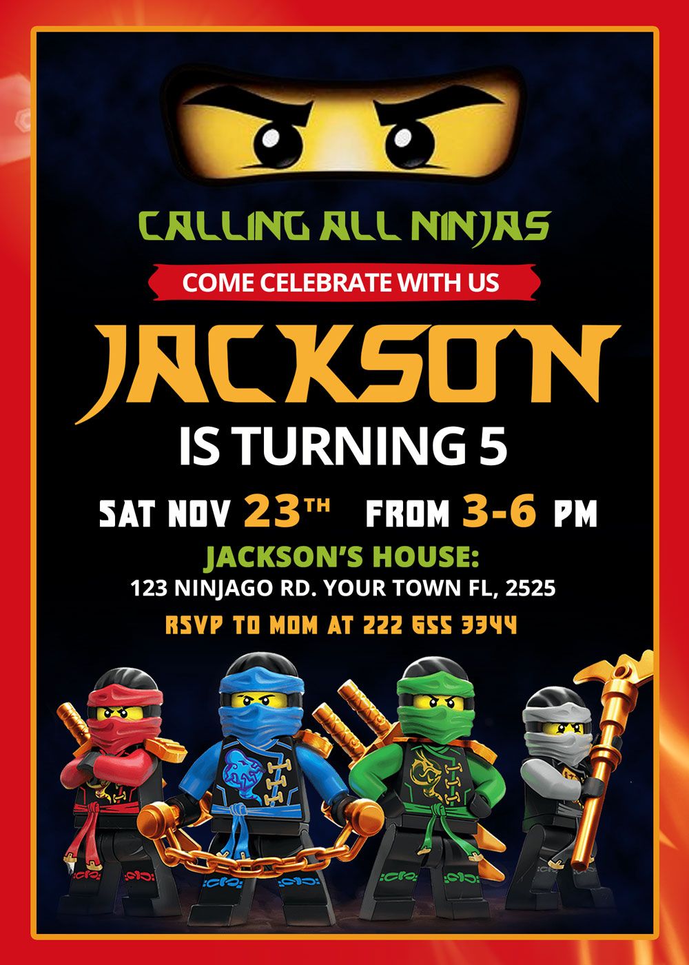 Ninjago masters of spinjitzu birthday invitation – Artofit