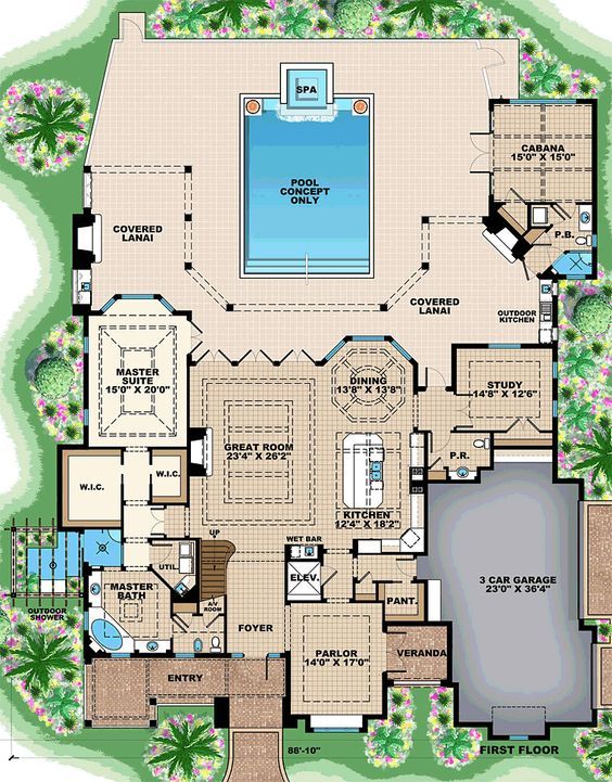 Mediterranean Style House Plan 75938 with 5 Bed, 6 Bath, 3 Car Garage ...