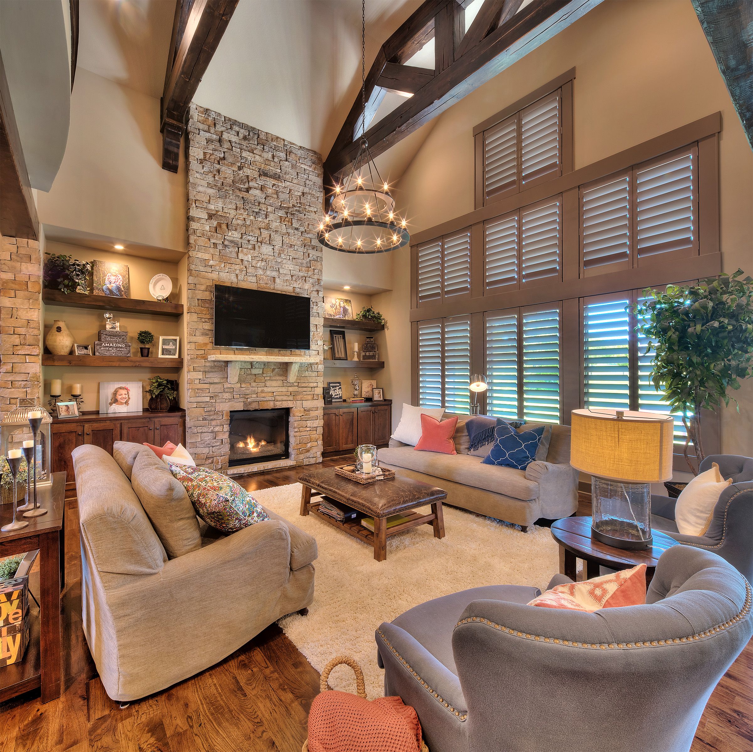 Living room with wood beams and tall ceilings (With images) Tall