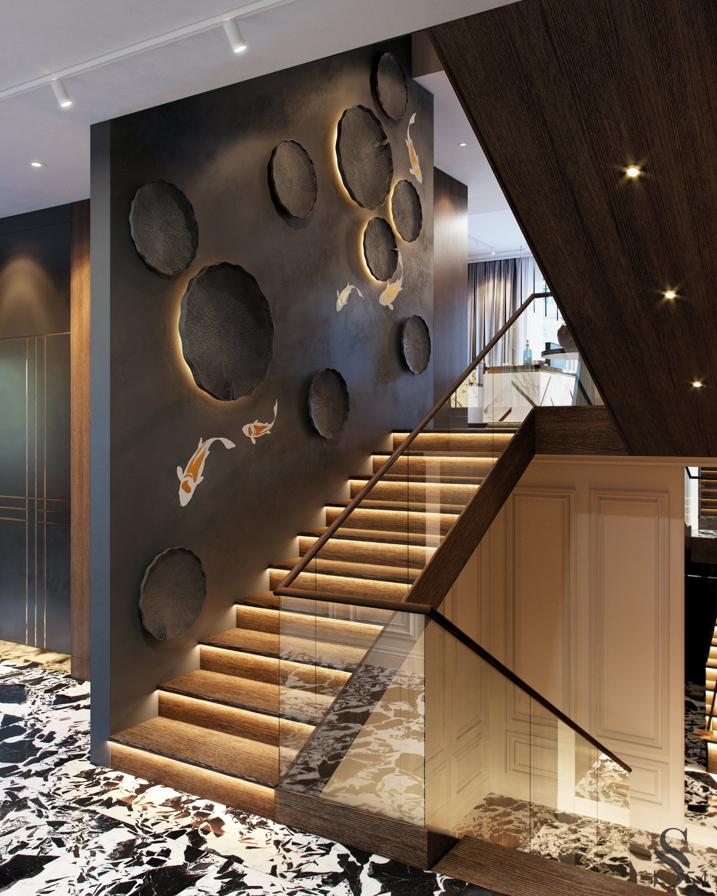 The staircase is decorated with elegant lamps with adjustable lighting