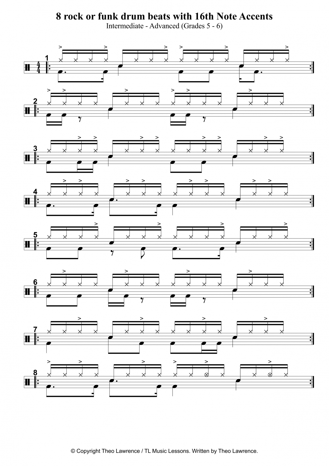 8 rock or funk drum beats with 16th Note Accents for grade 5 and up ...