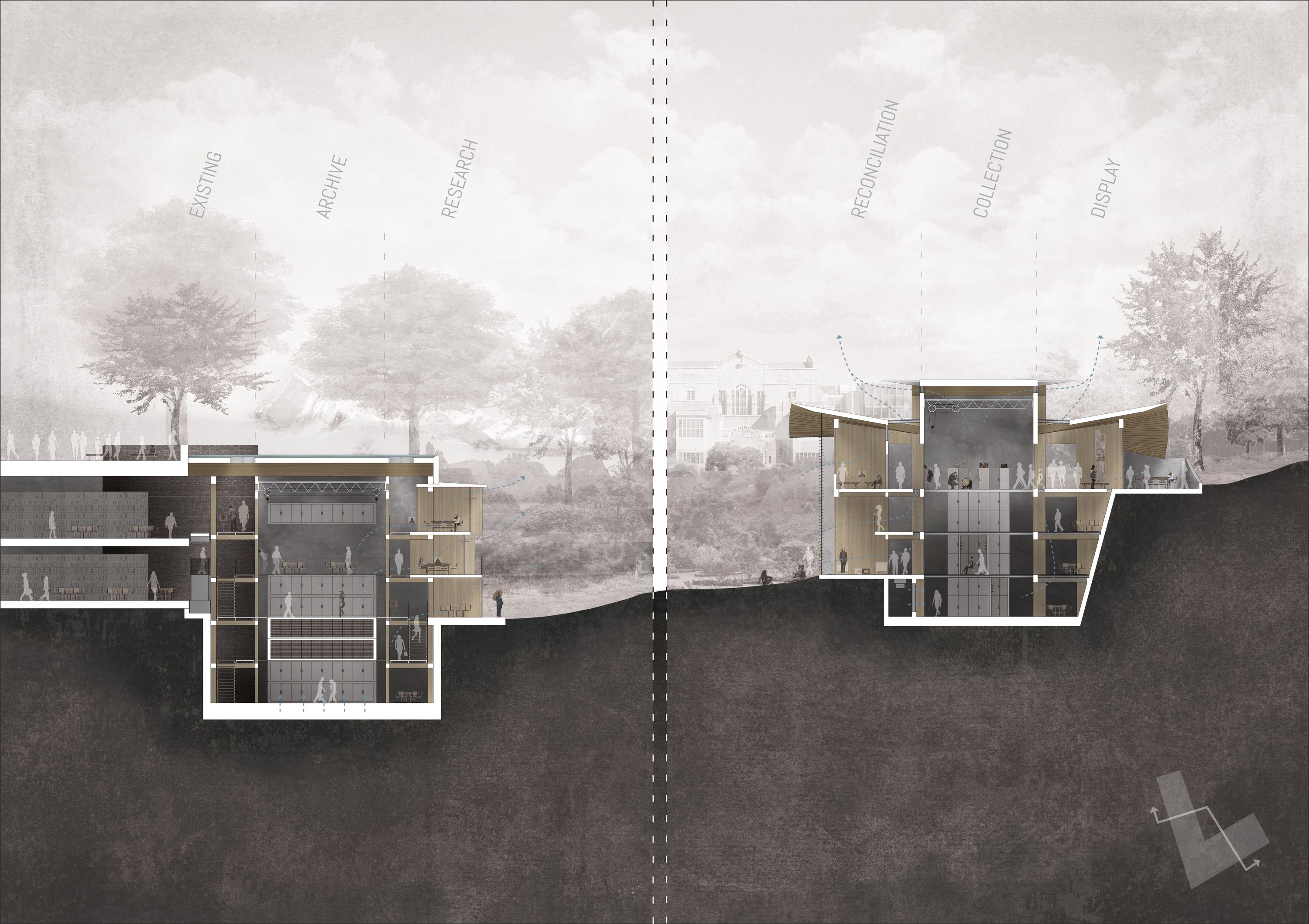 an architectural drawing of two buildings with trees in the back ground ...