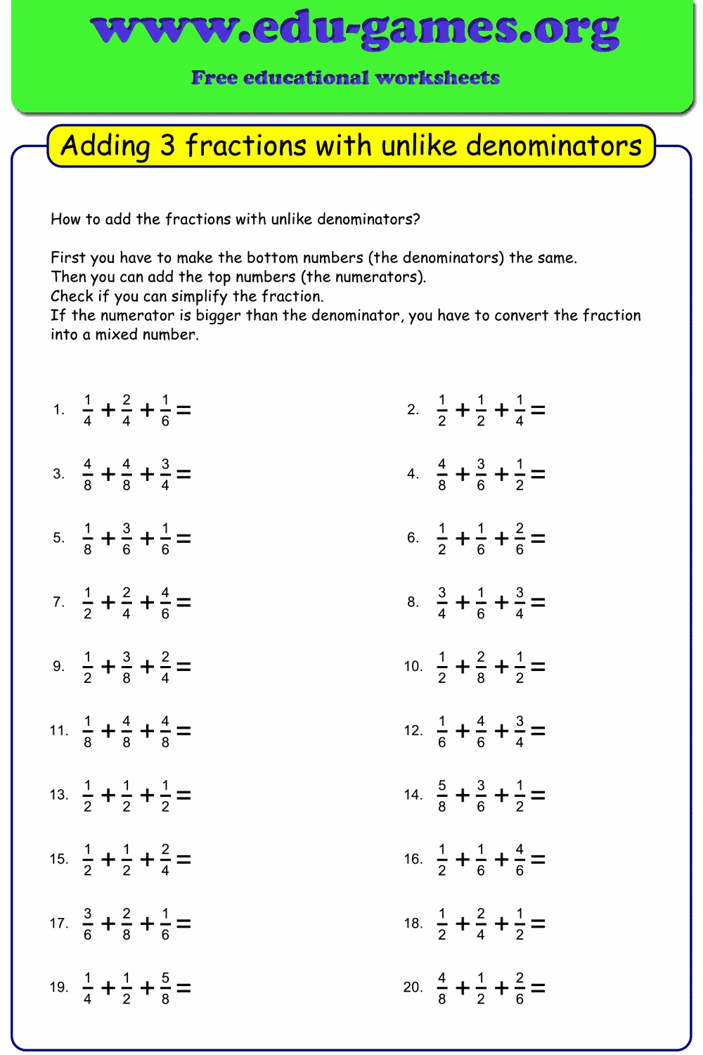 Adding Fractions Like Denominators Worksheet